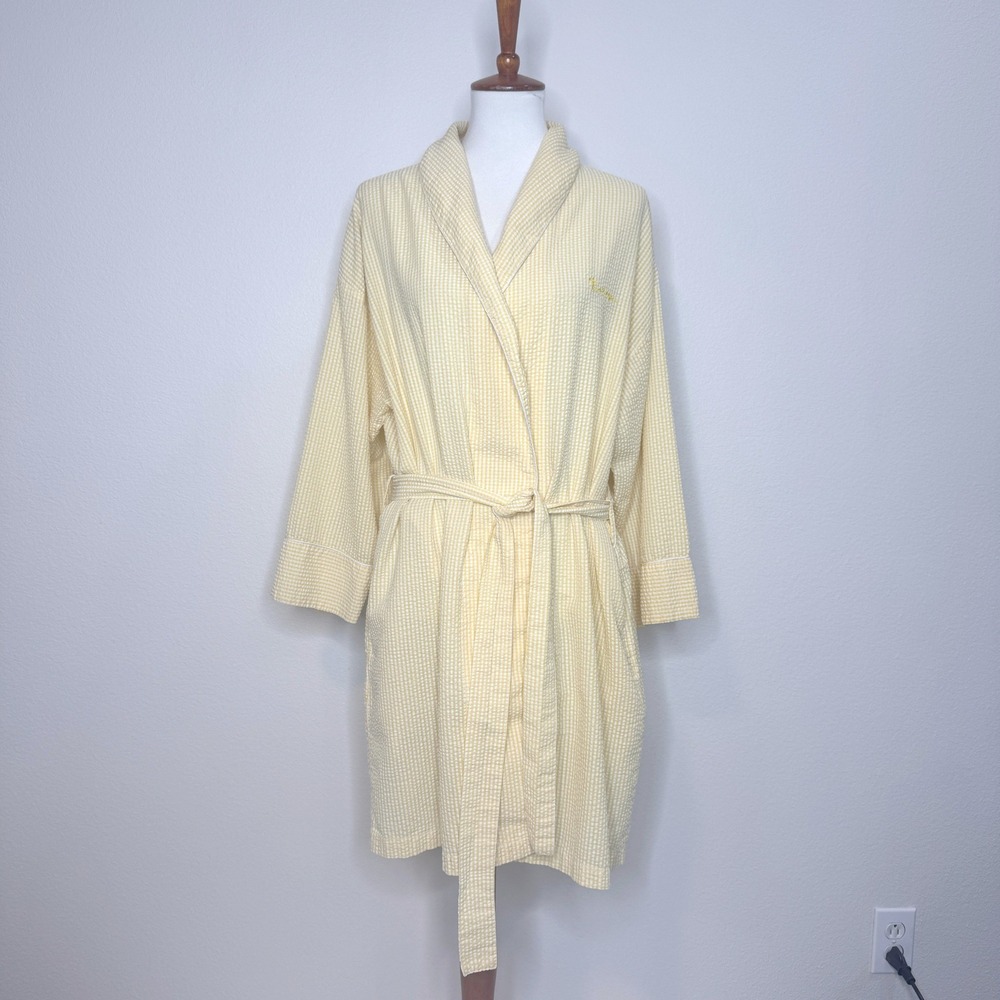 ESLEEP Vintage Seersucker Midi Robe L/XL Yellow White Tie Front‎ Pockets